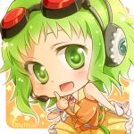  blush chibi goggles goggles_on_head green_eyes green_hair gumi headphones looking_at_viewer lowres open_mouth shima_riu smile solo star vocaloid 