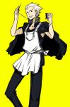  apron artist_request black_eyes blonde_hair earrings jacket jacket_on_shoulders jewelry karuishi looking_at_viewer male pants persona persona_4 piercing scar sewing_needle short_hair sleeveless sleeveless_shirt smile solo standing tatsumi_kanji thread wink yellow_background 