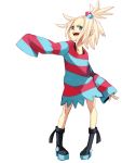  1girl blue_eyes boots dress gym_leader hair_bobbles hair_ornament long_sleeves minidress open_mouth platform_footwear pokemon pokemon_(game) pokemon_bw2 roxie_(pokemon) short_hair simple_background solo striped striped_dress striped_shirt topknot white_hair yurichi_(artist) 