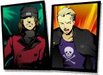  artist_request bared_teeth beanie blonde_hair brown_eyes brown_hair bullet earrings hat jacket jacket_on_shoulders jewelry long_hair looking_at_viewer necklace open_mouth persona persona_3 persona_4 piercing scar short_hair skull_and_crossbones sweater tatsumi_kanji turtleneck 