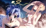  :o absurdres bare_shoulders blonde_hair blue_eyes blue_hair book breasts character_request cleavage collarbone dutch_angle est_fragrance flashlight green_eyes hair_bun highres holding kashimashi_communication kuroki_madoka long_hair mouth_hold multiple_girls naked_towel night night_sky nude onsen open_book open_mouth payot profile reading senomoto_hisashi sky star_(sky) towel tree 