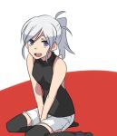  alternate_costume blue_eyes breasts halterneck melty_blood nagato123 ponytail riesbyfe_stridberg short_ponytail shorts silver_hair sitting sleeveless solo thigh-highs thighhighs tsukihime v_arms wariza zettai_ryouiki 