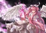  1400x1017 angel bow_(weapon) c.z. dress feathered_wings feathers gloves goddess_madoka holding kaname_madoka long_hair mahou_shoujo_madoka_magica orange_eyes pink_hair smile solo spoilers twintails two_side_up ultimate_madoka very_long_hair weapon white_dress white_wings wings 