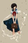  black_hair brown_background hair_over_one_eye holding nazo_no_kanojo_x s_kengo school_briefcase school_uniform solo urabe_mikoto v_arms wind 