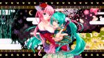  2560x1440 blue_eyes breasts cleavage fang flower foreshortening green_eyes green_hair hair_flower hair_ornament hatsune_miku highres hug long_hair magnet_(vocaloid) megurine_luka multiple_girls off_shoulder open_mouth pink_hair project_diva project_diva_2nd tsukineko twintails very_long_hair vocaloid 