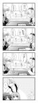  4koma animal_ears ascot bow bunny_ears clenched_hand closed_eyes comic eyes_closed frills fujiwara_no_mokou hair_bow highres inaba_tewi itou_yuuji kamishirasawa_keine long_hair menu monochrome multiple_girls reisen_udongein_inaba sitting table touhou translation_request 