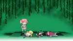  akemi_homura bandage bandages bow_(weapon) g3pen kaname_madoka kill_me_baby long_hair lying magical_girl mahou_shoujo_madoka_magica multiple_girls on_stomach pantyhose parody sakura_kyouko short_hair surprised tomoe_mami unconscious weapon 