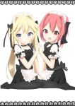  blonde_hair blue_eyes blush hands_clasped hands_together highres long_hair maid maid_headdress morinaoekaki multiple_girls open_mouth original pink_eyes pink_hair short_hair thighhighs twintails 
