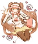  bag blue_eyes blush breasts brown_hair double_bun erumi-on female_protagonist_(pokemon_bw2) long_hair mei_(pokemon) open_mouth pantyhose poke_ball pokemon pokemon_(game) pokemon_bw2 raglan_sleeves satchel skirt solo twintails very_long_hair visor_cap watch waving wristwatch 