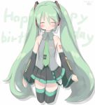  1girl blush closed_eyes detached_sleeves facing_viewer flat_chest green_hair happy_birthday hatsune_miku headphones highres long_hair mille necktie skirt smile solo thighhighs twintails very_long_hair vocaloid 