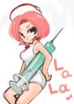  artist_request bare_shoulders cap_white chibi elite_beat_agents english green_eyes hand_on_hip hat hips large_syringe lyrics march_(pixiv2297066) musical_note nurse nurse_cap oversized_object pink_hair short_hair smile solo syringe 