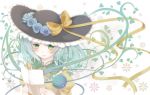  1girl aqua_hair blouse blue_rose bust floral_background flower green_eyes hat hat_ribbon head_wreath komeiji_koishi leaf light_smile lips nekotemari paper reading ribbon rose short_hair solo third_eye touhou vines white_background wind 