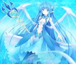  1girl blue_eyes blue_hair breasts cleavage detached_sleeves dragon_wings dress head_wings kuon_itsuki leviathan_(zettai_bouei_leviathan) pointy_ears polearm solo spear weapon wings zettai_bouei_leviathan 