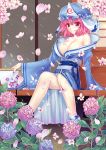  absurdres bare_legs bare_shoulders blush breasts cleavage flower hat highres hydrangea japanese_clothes kimono large_breasts nail_polish nature obi off_shoulder outdoors petals pink_eyes pink_hair saigyouji_yuyuko short_hair sitting smile solo touhou triangular_headpiece xiaoai 