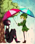  bare_shoulders blue_eyes boots creeparka creeper enderman green_hair hoodie leaning minecraft multiple_girls personification purple_eyes rain rooseputo_02 short_hair sitting tree umbrella violet_eyes 