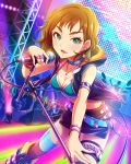  1girl artist_request belt brown_hair earrings freckles glowstick green_eyes idolmaster idolmaster_cinderella_girls jewelry kate_(idolmaster) microphone microphone_stand necklace official_art ring short_hair thighhighs 