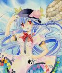  :d blue_hair chinako hand_on_hip heart hinanawi_tenshi hips open_mouth red_eyes sample smile solo touhou traditional_media watercolor_(medium) 