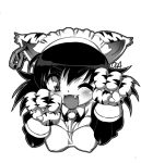  animal_ears bad_id breasts fang looking_at_viewer maid monochrome oda_(orz) open_mouth original paws smile solo 
