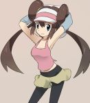  armpits arms_up bad_id bare_shoulders blue_eyes breasts brown_hair double_bun female female_protagonist_(pokemon_bw2) hat legwear_under_shorts mei_(pokemon) pantyhose pokemon pokemon_(game) pokemon_bw2 shorts simple_background skirt solo suzumiyu tank_top twintails undressing visor_cap 