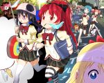  akemi_homura azazel barefoot beelzebub_(azazel-san) braid charlotte_(madoka_magica) crossover glasses golf_club highres ikamusume kyubey mahou_shoujo_madoka_magica miki_sayaka mouth_hold mushi_gyouza nagatsuki_sanae namesake object_on_head panties panties_in_mouth panties_on_head pocky red-framed_glasses running sakura_kyouko school_uniform shinryaku!_ikamusume skateboard striped striped_legwear striped_panties thigh-highs thighhighs tomoe_mami toshinou_kyouko twin_braids underwear white_legwear yondemasuyo_azazel-san yoshikawa_chinatsu yuru_yuri zettai_ryouiki 