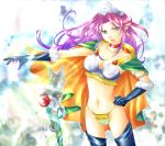  angela bikini breasts cape cleavage earrings gloves green_eyes hand_on_hip hat highres hips jewelry large_breasts long_hair magus_(seiken_densetsu_3) midriff navel open_mouth pointy_ears purple_hair ruri_(magnolia) seiken_densetsu seiken_densetsu_3 staff swimsuit thigh-highs thighhighs thighs zettai_ryouiki 