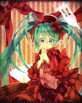  aka_tonbo_(lililil) bespectacled dress glasses green_eyes green_hair hat hatsune_miku highres long_hair looking_at_viewer open_mouth solo steepled_fingers striped striped_background twintails very_long_hair vocaloid 