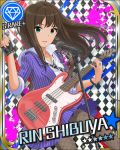  annindoufu_(oicon) black_gloves bracelet brown_hair character_name diamond dress earrings fingerless_gloves gloves green_eyes guitar hoop_earrings idolmaster idolmaster_cinderella_girls instrument jewelry long_hair microphone microphone_stand necktie official_art pantyhose shibuya_rin single_glove sleeves_rolled_up solo star 