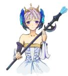  bare_shoulders blue_eyes blush crown detached_sleeves drawfag dress elbow_gloves female gloves gown gwendolyn hair_ornament hair_up holding odin_sphere purple_hair short_hair silver_hair smile solo staff strapless strapless_dress weapon white_dress 