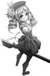  bags_under_eyes beret boots cup drill_hair fingerless_gloves foreshortening from_above gloves gun hair_ornament hairpin hat highres ladic looking_up magical_musket mahou_shoujo_madoka_magica monochrome puffy_sleeves red_eyes ribbon rifle solo spot_color teacup tomoe_mami twin_drills vertical-striped_legwear vertical_stripes weapon white_background 