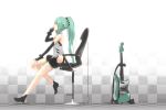  adapted_costume alternate_hairstyle bare_shoulders cellphone chair checkered checkered_background checkered_floor elbow_gloves electric_guitar fingerless_gloves gloves green_eyes green_hair guitar hatsune_miku high_heels instrument long_hair nanaku_teiru phone ponytail shoes sitting solo vocaloid whammy_bar 