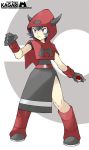  blue_eyes blue_hair boots character_name curly_hair gloves highres holding holding_poke_ball hood horns kagari_(pokemon) knee_boots official_style poke_ball pokemon pokemon_(game) pokemon_rse red_legwear short_hair side_slit simple_background solo souji standing team_magma title_drop two-tone_background two_tone_background 