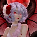  ameya_nihachi bare_shoulders bat_wings blue_hair crossed_arms fang feathered_wings flower full_moon hair_flower hair_ornament moon nail_polish no_hat no_headwear open_mouth purple_hair red_eyes red_moon red_rose remilia_scarlet ribbon_choker rose short_hair solo touhou wings 