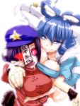  beret blue_eyes blue_hair breast_press breasts cleavage glowing glowing_eyes hair_rings hair_stick hat hyudora jiangshi kaku_seiga large_breasts looking_at_viewer miyako_yoshika multiple_girls ofuda outstretched_arms purple_hair red_eyes short_hair smile touhou zombie_pose 