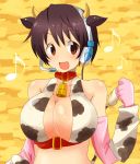  animal_ears bare_shoulders bell bell_collar belt black_hair breasts brown_eyes cleavage clenched_hand collar cow_bell cow_ears cow_horns cow_print cow_tail elbow_gloves fake_animal_ears gloves headset horns huge_breasts idolmaster idolmaster_cinderella_girls large_breasts musical_note oikawa_shizuku open_mouth short_hair smile solo sr_soba tail 