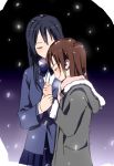  bad_id blush brown_hair closed_eyes copyright_request excaipur_(artist) eyes_closed hand_holding haru_(calipur) holding_hands multiple_girls snowing yuri 