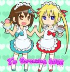  bad_id blonde_hair brown_eyes brown_hair das-buch food hair_ornament hair_ribbon hairclip heart ice_cream kill_me_baby maid maid_headdress multiple_girls open_mouth oribe_yasuna purple_eyes ribbon sonya_(kill_me_baby) thigh-highs thighhighs twintails violet_eyes 