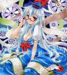  at_classics blue_hair breasts cleavage dress glasses hat kamishirasawa_keine long_hair marker_(medium) multicolored_hair red-framed_glasses red_eyes sample scroll silver_hair smile solo touhou traditional_media two-tone_hair 