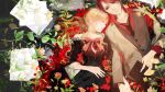  1girl beatrice blonde_hair brown_eyes closed_eyes couple dress eyes_closed flower formal hand_holding highres holding_hands long_hair necktie red_hair red_rose redhead rose selmy32c sleeping smile suit umineko_no_naku_koro_ni ushiromiya_battler 