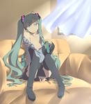  boots couch curtains detached_sleeves digi-ai green_eyes green_hair hatsune_miku headset highres long_hair nail_polish necktie off_shoulder open_clothes open_shirt sitting skirt smile solo thigh-highs thigh_boots thighhighs twintails undressing very_long_hair vocaloid window 