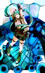  aqua_eyes aqua_hair arms_up hatsune_miku headphones highres long_hair looking_at_viewer microphone open_mouth shorts smile so-bin solo thigh-highs thighhighs twintails very_long_hair vocaloid 