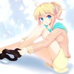  ahoge bad_id black_legwear blonde_hair blue_eyes blush dressing esia_mariveninne feet komone_ushio legs long_legs long_sleeves looking_at_viewer no_shoes open_mouth original pantyhose sitting skirt solo 