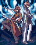  blue_background brown_hair coat dual_wielding hair_over_one_eye higano_shou kratos_aurion lloyd_irving male multiple_boys pants red_hair redhead shoes sword tales_of_(series) tales_of_symphonia weapon 