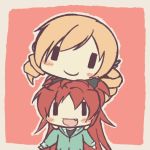  2girls aoki_ume_(style) blonde_hair casual chibi chin_on_head chin_rest drill_hair fang gseeddjp hoodie long_hair mahou_shoujo_madoka_magica multiple_girls open_mouth parody ponytail red_eyes red_hair redhead sakura_kyouko smile style_parody tomoe_mami wideface yellow_eyes ||_|| 