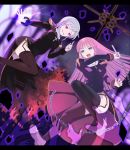  bad_id battle black_legwear blue_eyes breasts chain chains character_request cross dress fireflysnow grin leaping magic multiple_girls open_mouth ragnarok_online red_eyes silver_hair smile thigh-highs thighhighs 