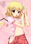  blonde_hair dressing flandre_scarlet flat_chest highres navel neats no_bra no_hat no_headwear open_clothes open_mouth open_shirt open_skirt panties pink_panties red_eyes side_ponytail skirt solo touhou tying_hair underwear wings zoom_layer 