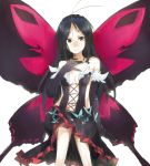  accel_world antenna_hair bare_shoulders black_hair butterfly_wings carlos_toshiki elbow_gloves gloves hairband hand_on_own_chest kuro_yuki_hime kuroyukihime long_hair looking_at_viewer navel smile solo white_background wings yellow_eyes 