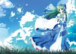 1girl blue_sky bow butterfly clouds detached_sleeves frog_hair_ornament grass green_eyes green_hair hair_bow hair_ornament hair_tubes kochiya_sanae light_particles long_hair long_skirt looking_away marui-kun midriff outdoors ribbon sash skirt sky snake solo touhou vest wind