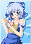  bare_shoulders bespectacled blue_dress blue_eyes blue_hair book bow bra_strap cirno dress dress_shirt glasses hair_bow highres jumper neats off_shoulder shirt solo touhou wings 