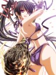  ass bikini black_hair bra club earrings hair_ribbon high_ponytail highres hoop_earrings jewelry lingerie long_hair looking_at_viewer looking_back moneti_(daifuku) open_mouth original panties ponytail purple_bikini purple_bra purple_eyes purple_panties ribbon side-tie_bikini simple_background solo swimsuit underwear violet_eyes weapon white_background 