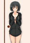  amagami black_eyes black_hair blush breasts cleavage collarbone hoodie lm looking_at_viewer murasaki_iro naked_hoodie nanasaki_ai no_bra no_pants short_hair smile solo standing sweater zipper 